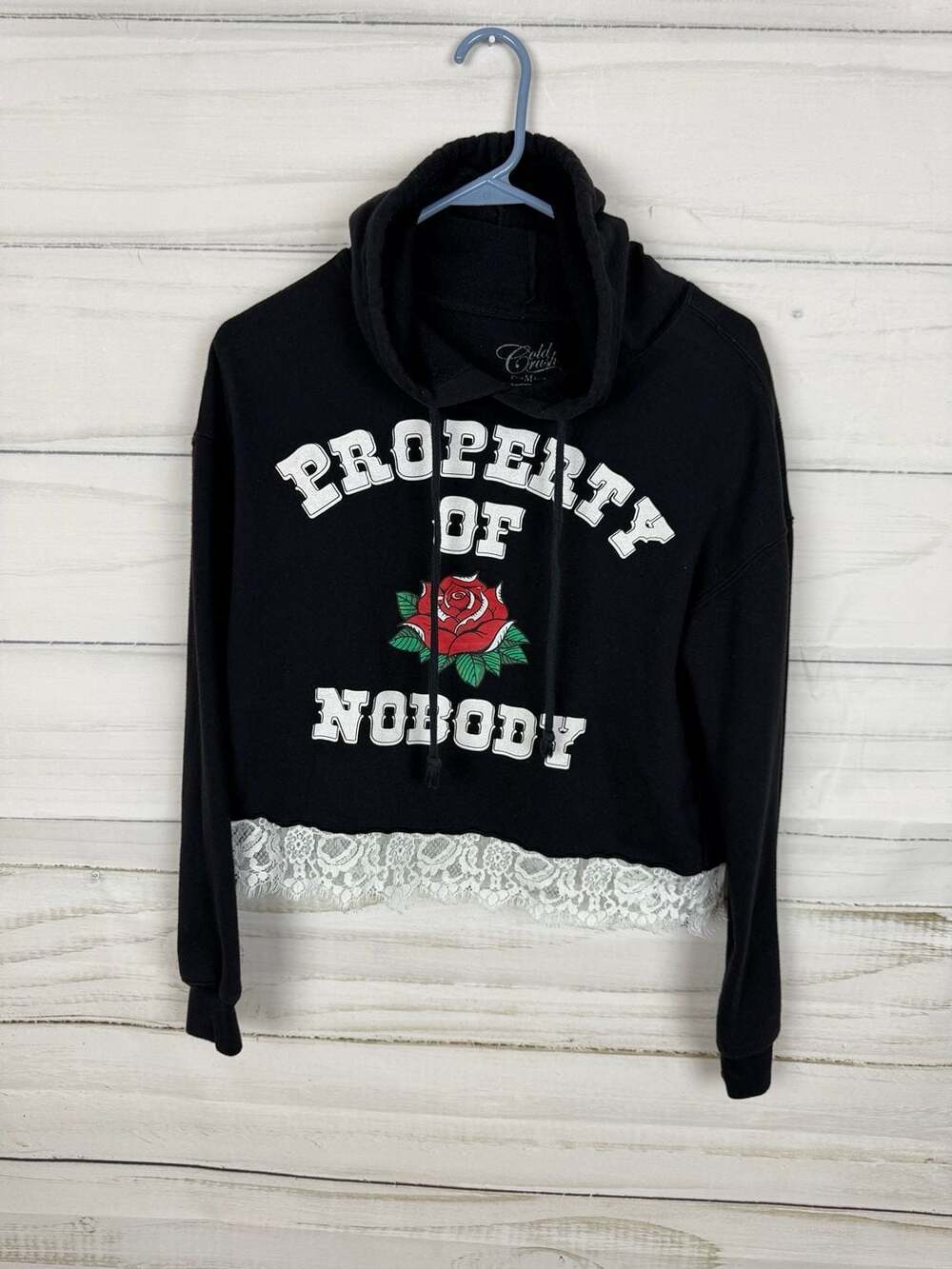 Cold Crush Property of Nobody Rose Graphic Cropped Lace Hem Hoodie